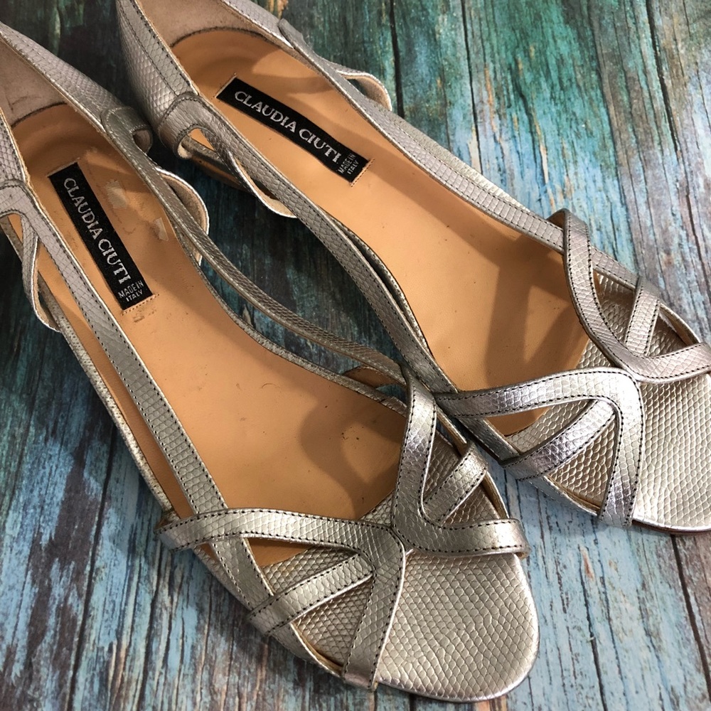 Claudia Couture silver and cork wedged sandal.